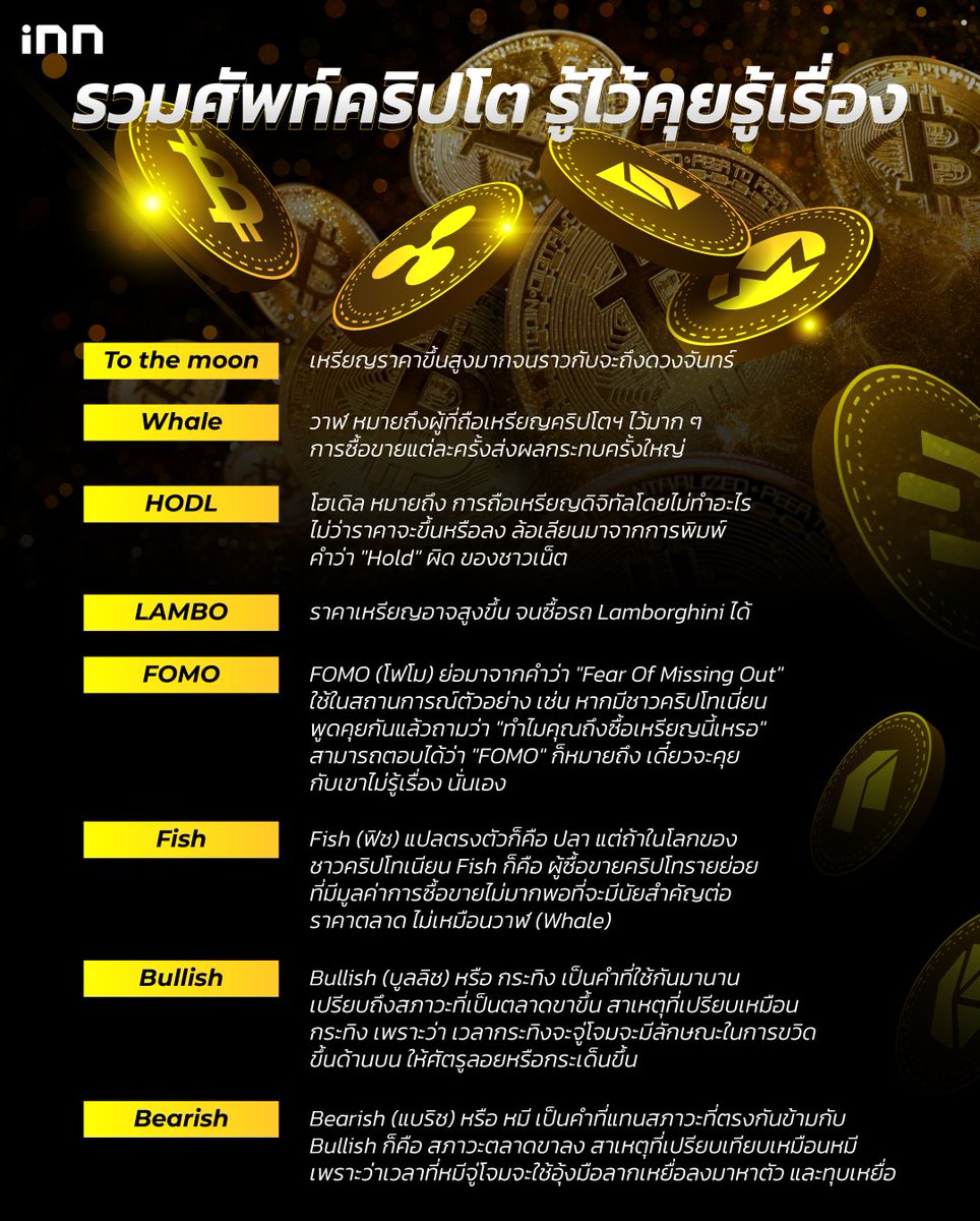 INNNEWS's tweet photo. รวมศัพท์คริปโต รู้ไว้คุยรู้เรื่อง💲

To the Moon🌖 ไปดวงจันทร์กันทุกคน! 🌟วันนี้ iNN ได้รวบรวมคำศัพท์สายคริปโตเบื้องต้นมาฝากทุกคนกัน รู้ไว้ เป็นประโยชน์แน่นอน

https://t.co/ya6GQxxPJO 

#iNNNews #NFT #Cryptocurrency #Crypto #คริปโต #คริปโตเคอร์เรนซี่  #ไม่พลาดทุกเรื่องอินเทรนด์ https://t.co/Tfu99vRsqN