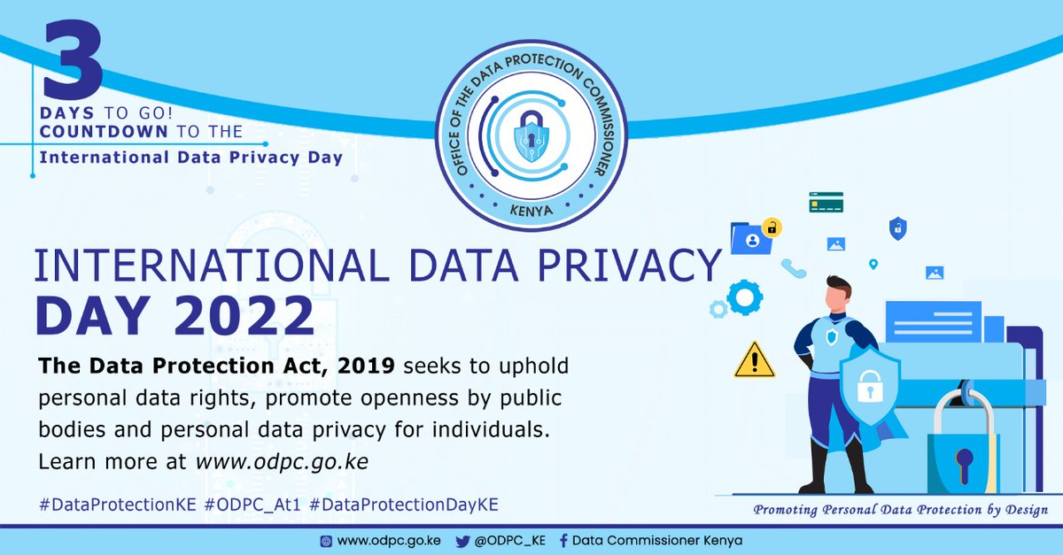 ODPC_KE's tweet photo. Countdown to #DataProtectionDayKE
#dataprotectionKE @MoICTKenya @mucheru @jeroch1 @ikassait @HudumaKenya @KBCChannel1 @InfoKfcb @KenyaEditors @DPublicComms https://t.co/FmT95rn3XO