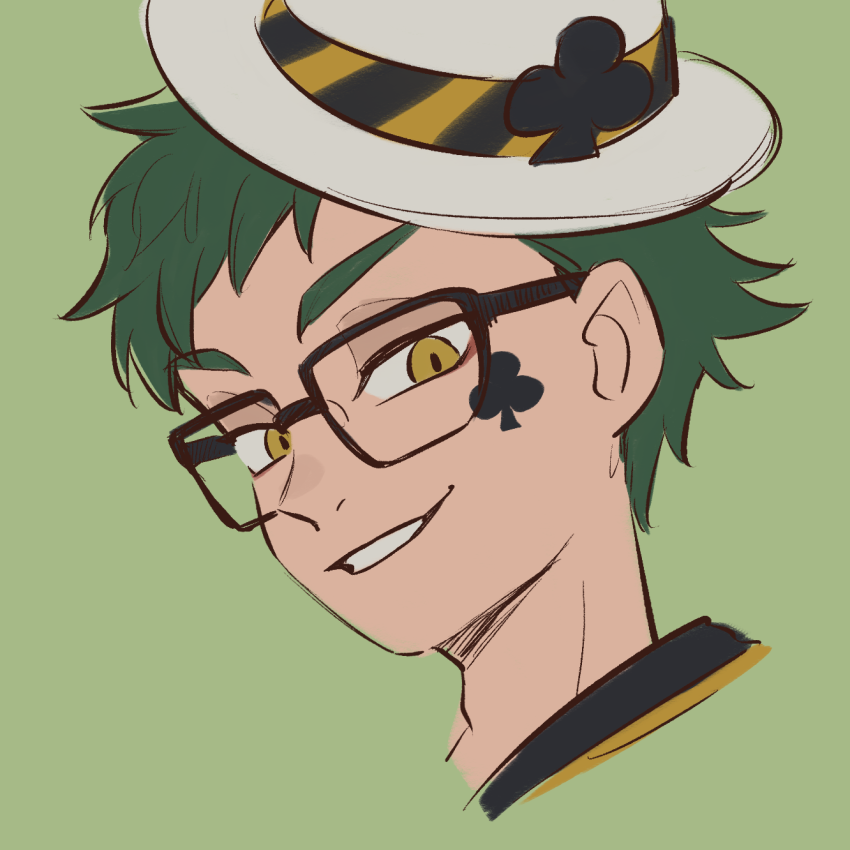 1boy male focus green hair hat glasses solo green background  illustration images