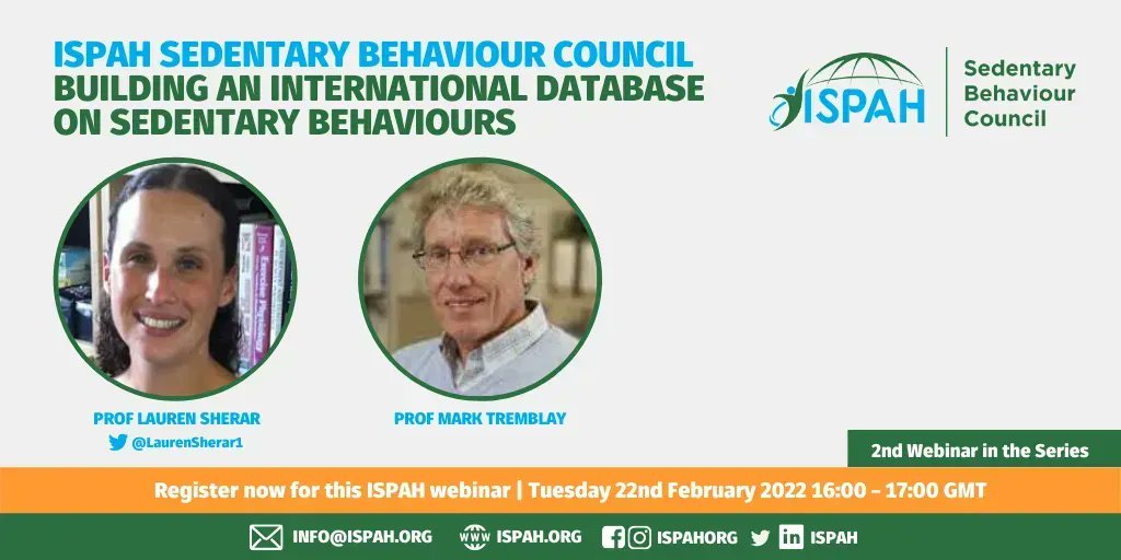 📣Announcing the next ISPAH #SedentaryBehaviourCouncil webinar - Building an international database on #sedentarybehaviours  

Speakers: <a href="/LaurenSherar1/">Lauren Sherar</a> &amp; Prof Mark Tremblay

📆22 Feb 16:00-17:00 GMT

👉 Register 🔗us02web.zoom.us/webinar/regist…

❓For more info: ispah.org/sedentary-beha…