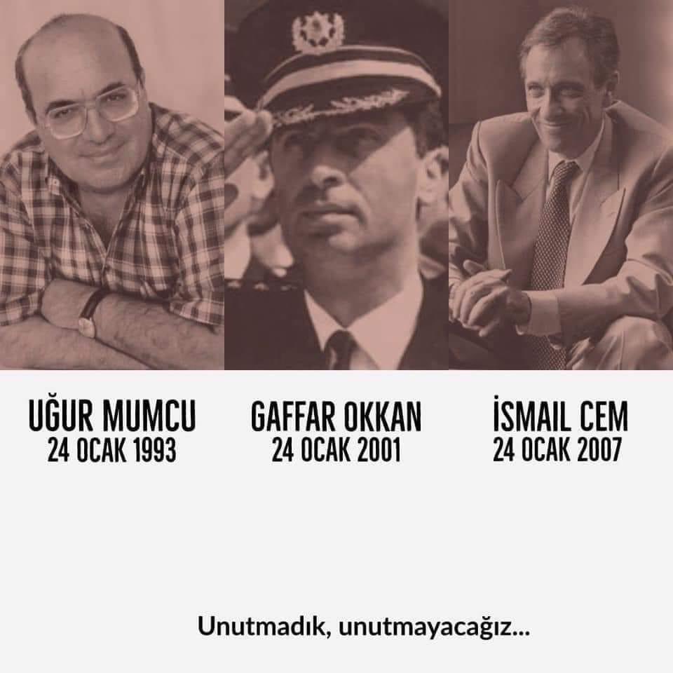 Baskanhanm58's tweet photo. Cesur Kalem #UğurMumcu 

Vatansever Emniyet Müdürümüz #GaffarOkkan ı,

İlkeli Siyasetçi #İsmailCem i

kaybettiğimiz gündür 24 Ocak...

Saygı, özlem ve rahmetle anıyorum. Ruhları şâd, devirleri daim olsun. #UğurlarOlsun https://t.co/n44FP5y3WS