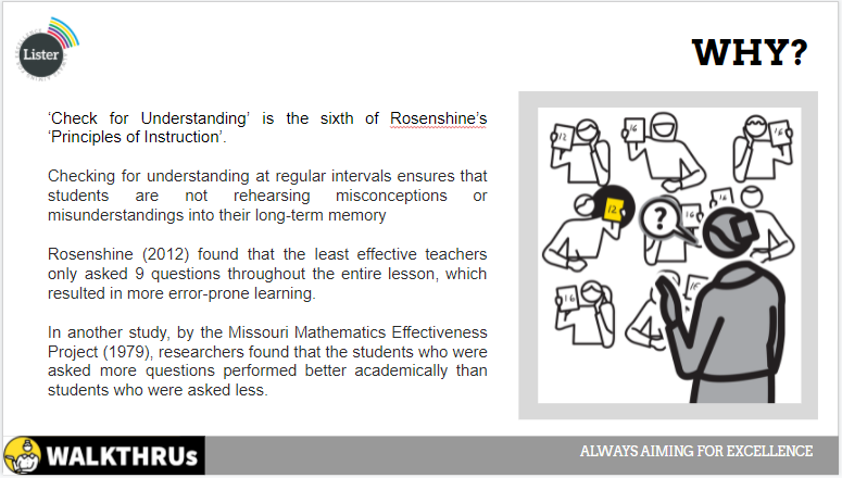 MrBeckDHT's tweet photo. Maintaining our focus on #FormativeAssessment, @ListerSchool's #WalkThruOfTheWeek is Rosenshine's #CheckForUnderstanding.

The #CheckForUnderstanding promotes learning while preventing embedding of misconceptions &amp; misunderstanding.

#AlwaysAimingForExcellence #WhatWhyHow #CPD https://t.co/ojkKUrEske