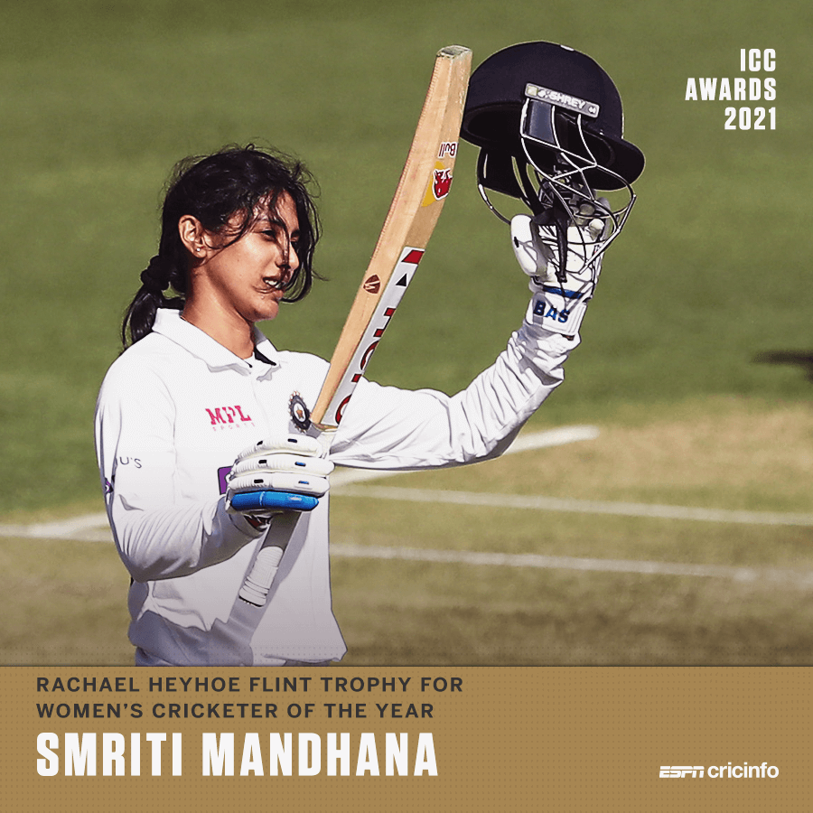 cricinfo's tweet photo. 🏆 2018
🏆 2021

🚨 Smriti Mandhana is the ICC Women's Cricketer of the Year for the second time in her career 🚨 https://t.co/bkXpaRFta9