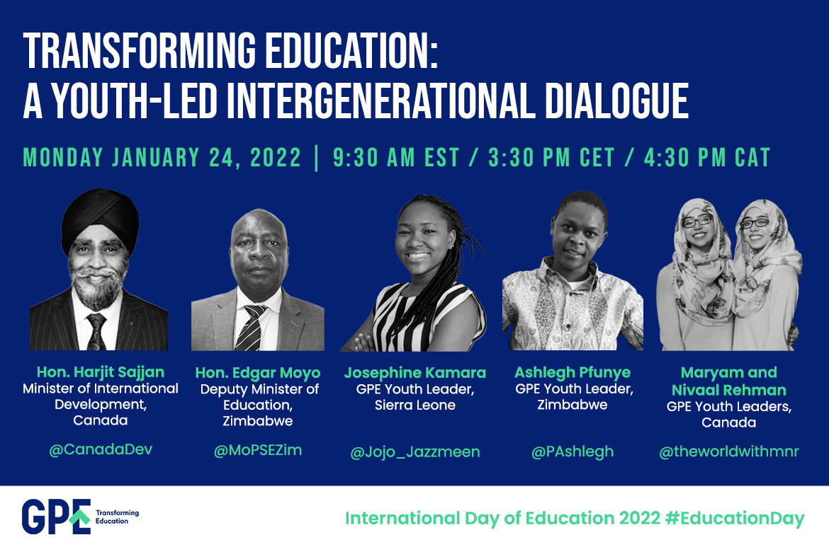 This #EducationDay we are #TransformingEducation! Watch GPE's Intergenerational Dialogue on January 24th at 9:30am EST, 3:30pm CET, 4:30pm CAT with @theworldwithmnr @CanadaDev @MoPSEZim @PAshlegh @Jojo_Jazzmeen. More info: https://t.co/5yzuRgnXmq https://t.co/2xAFRQ52hk