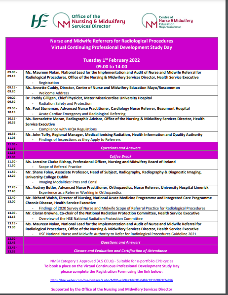 Study Day for Nurse and Midwife Referrers Radiological Procedures on 1st February 2022 9am-2pm. Register by clicking on link in flyer 👇
<a href="/CUH_Cork/">Cork University Hospitals</a> @SIVUH <a href="/uhknursing/">UHKNURSING</a> <a href="/mercy_nursing/">Mercy University Hospital Cork Nursing</a> <a href="/BGHsswhg/">Bantry General Hospital -SSWHG</a> <a href="/BridAOSullivan/">Bridie O'Sullivan</a> <a href="/HospitalMallow/">Mallow General Hospital</a> <a href="/NurMidONMSD/">ONMSD</a> <a href="/CorkKerryCH/">Cork Kerry Community Healthcare</a>