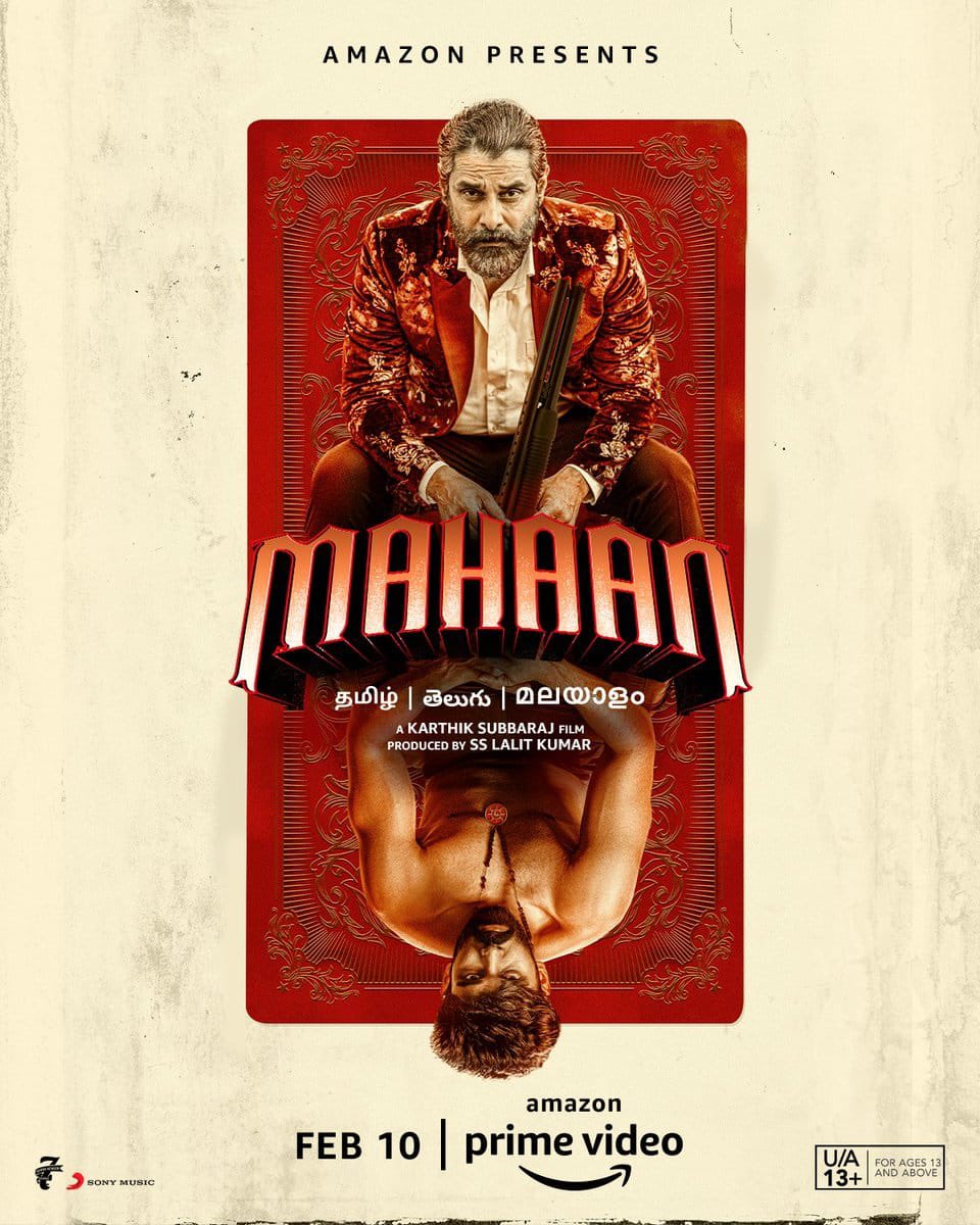 CinemaCalendar's tweet photo. Live life, Mahaan style 🃏
Watch #MahaanOnPrime, Feb. 10 in Tamil, Malayalam and Telugu
Also, releasing in Kannada, #MahaPurushaOnPrime

#ChiyaanVikram #DhruvVikram @7screenstudio @karthiksubbaraj @Music_Santhosh @actorsimha @SimranbaggaOffc @PrimeVideoIN @proyuvraaj https://t.co/r9h0nNkvrH