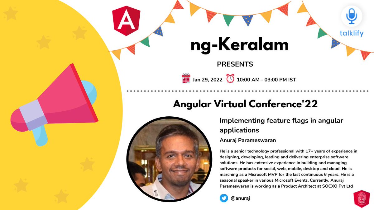ng_keralam's tweet image. Join us with @anuraj at @angular Virtual Conference&apos;22 and let us explore how to implement feature flags in Angular applications
🗓️ 29th January 2022
⏰ 10:00 AM - 04:00 PM IST
👉 Reg Link - townscript.com/e/angular-virt…
#angular #ngKeralam #conference