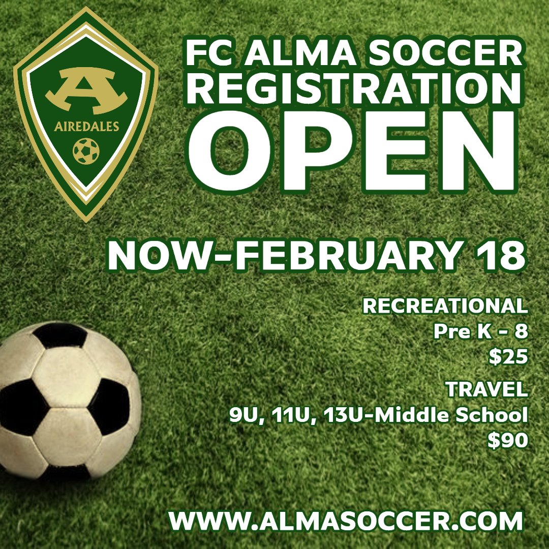 AlmaSoccerClub's tweet photo. Registration for the Spring 2022 season continues through February 18th!
The registration link can be found on https://t.co/RitDNkIL0e
#FCAlma #only1Airedale
@AlmaSchools @AiredaleSoccer @alma_primary @alma_ais @alma_middle https://t.co/AQdhxNRyfc