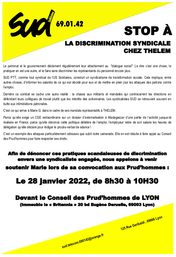SolidairesRhone's tweet photo. STOP À LA #DISCRIMINATIONSYNDICALE CHEZ #THELEM
Rassemblement #28janvier - 8h30/10h30 Prud'hommes de #Lyon
https://t.co/cE1c2WLHVt
@fdSudPTT https://t.co/V3FWfo7nBD