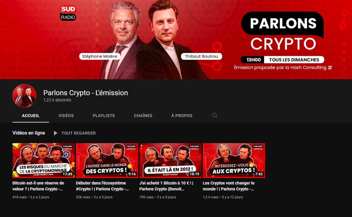 VeigaManagement's tweet photo. Déjà plus de 1200 abonnés en moins de 2 semaines pour la chaîne YouTube  #ParlonsCrypto 👏

YouTube 👉 https://t.co/LB8krRU04M

Retrouvez sur cette chaîne gérée par Veiga Management les replays de l'émission animée les dimanches par @smolere &amp; @Thibaut_Boutrou sur @SudRadio 📻 https://t.co/IxWoTkCfVD