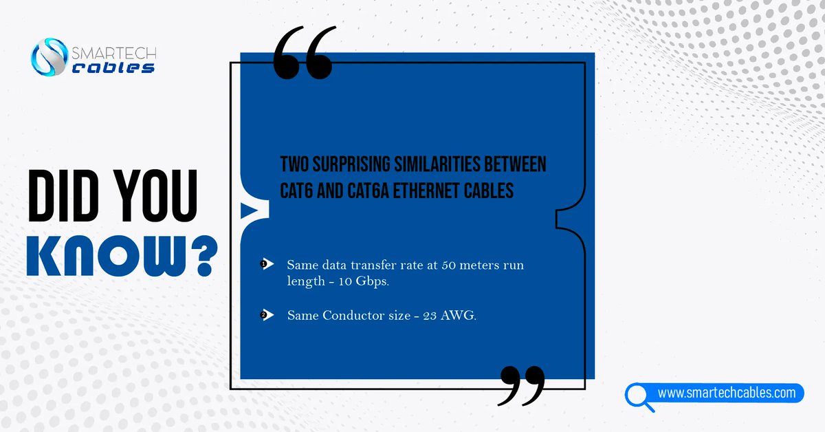 smartechcables's tweet photo. 💡 Did you know? Two surprising similarities between Cat6 and Cat6a ethernet cables
.
Smartech Cables
https://t.co/Sxp8ni3fsS | sales@smartechcables.com | Call us 347 748-1818
.
.
.
#Mondayworkout #structuredcabling #ethernet #stc #viral_post #networking #ethernetcabling https://t.co/pmiS6Pynd1