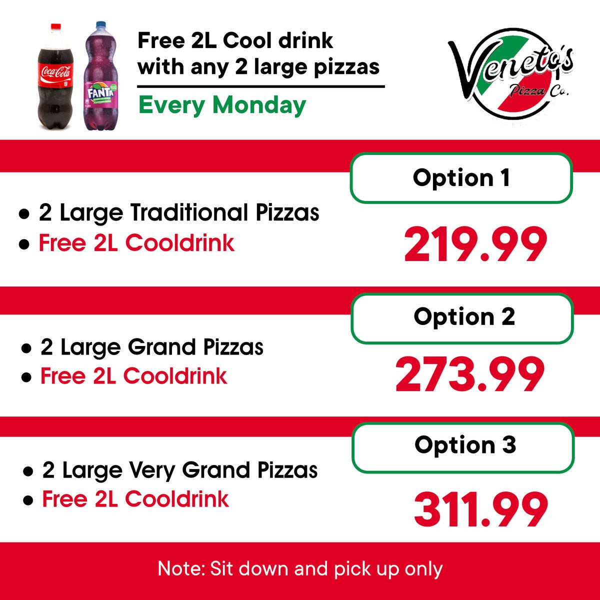 Don't miss out on our Monday specials.

More Pizza for you and your family, and friends.

#VenetosPizza #pizzatime #pizza