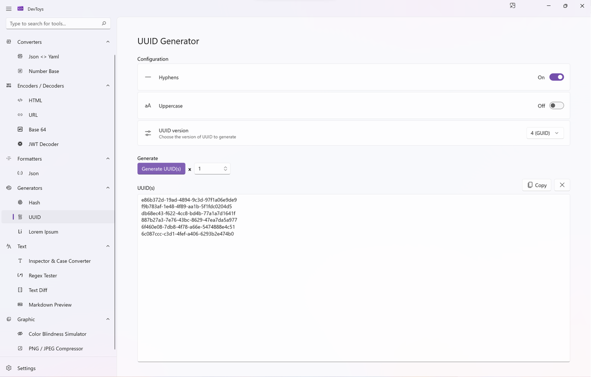 barinbritva's tweet photo. Крутецкая тулза DevToys содержит кучу полезных утилит: text diff, regex tester, uuid/hash/lorem ipsum генераторы и многое другое - видно на скриншоте 🔥
https://t.co/515PRCs5dL
#devenv https://t.co/YEcWz2FTU8