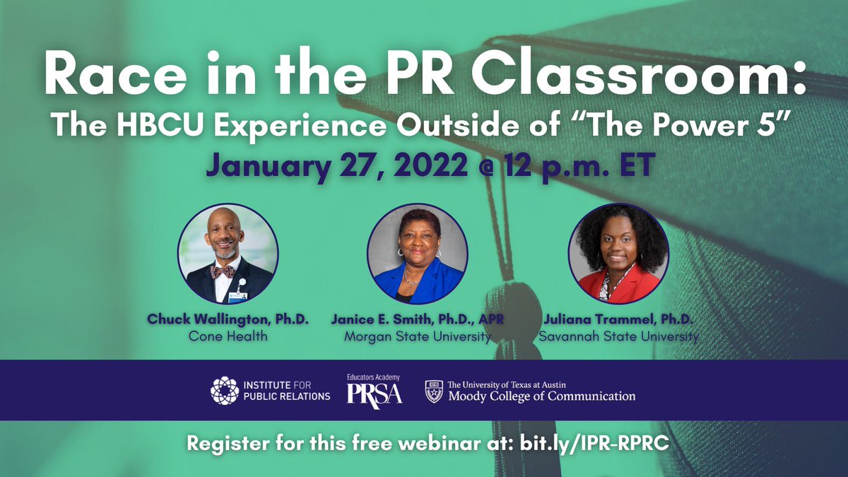 InstituteForPR's tweet image. In partnership with @PRSAEducators, join a free #IPRWebinar led by @CFWallington, @jayee2102, and @JMTRAMMEL as they discuss the HBCU experience outside of “The Power 5.&quot; #RPRC Register here: ow.ly/W67b50HubAo