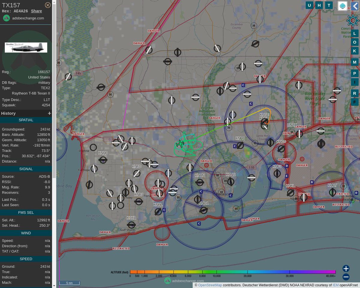 MULTI ADSBX MANOEUVRING ALERT : At time Mon Jan 24 13:57:26 2022 #TX157    was likely to be manoeuvring at FL128 9nm from NUN Saufley_VOR_US
 near Baldwin County, Alabama, United States #AvGeek #ADSB globe.adsbexchange.com/?icao=AE4A26&z…