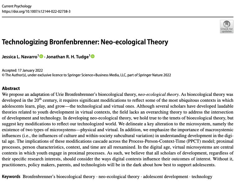 Super excited to announce that my paper updating Bronfenbrenner's bioecological theory for the digital age has been published in Current Psychology. Introducing neo-ecological theory! rdcu.be/cFtsS