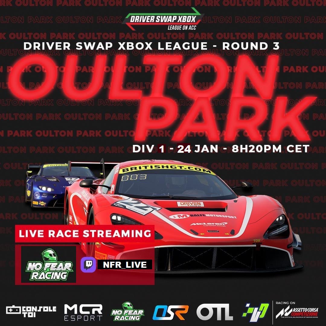 Ce dès 20h20 sur twitch.tv/nfr_live 3e manche à Oulton de la DSXL Assetto Corsa Competizione. Ce soir, c’est la Division 1 et à cette occasion je serai « consultant » pour la <a href="/NoFearRacingOff/">No Fear Racing</a> #acc #XboxSeriesX #twitch