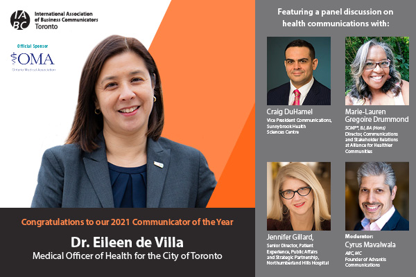 We’ve got a stellar panel joining our COTY event on Feb. 4 as we honour 2021 recipient Dr. Eileen de Villa! 

Join us to hear from Craig DuHamel, Marie-Lauren Gregoire Drummond and Jennifer Gillard. The panel will be moderated by Cyrus Mavalwala. 
Tickets: toronto.iabc.to/event/iabc-tor…