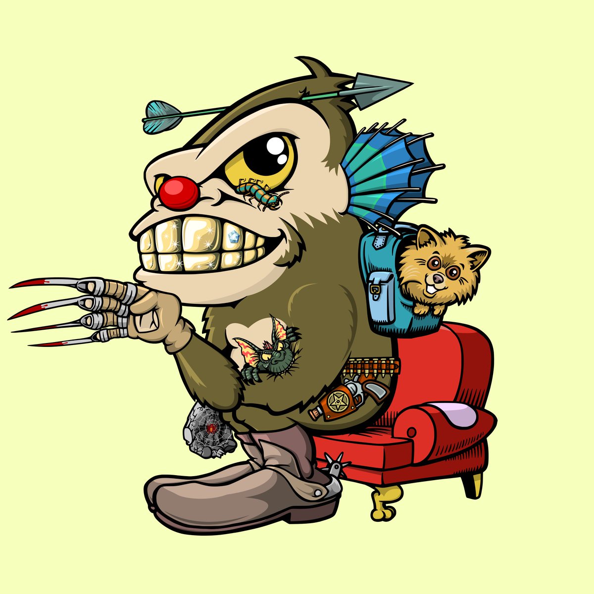 Too calm for the angel. Too wild for the devil! 😈 Guess what's resting on the Munky's lap! 🐒🦇

Truth is as straight as an arrow, while a lie swivels like a snake.
 
#GrumpyMunky #NFTs #MetalClaws #HeadArrow #EyeWorm #BSC #Polygon #Ethereum