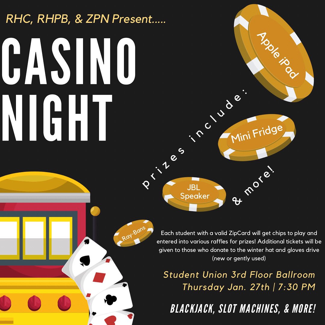uaRHPB's tweet photo. We have another great event coming up this Thursday!! Casino Night! Join us for a night of fun, games, &amp; prizes! All students with a valid ZipCard will get to play and have the opportunity for prizes! https://t.co/d2JR4qQHrw