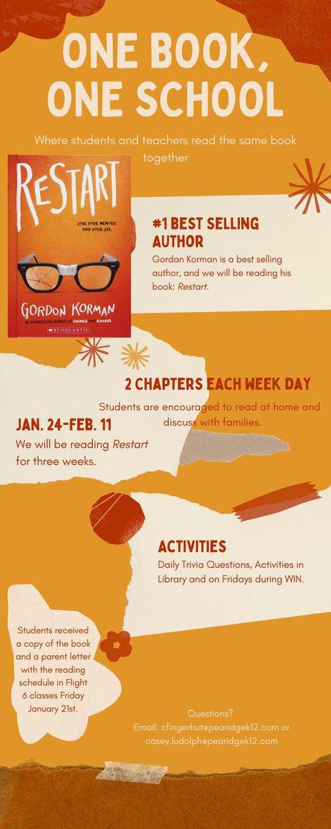 One Book, One School starts today! We're reading Restart by @GordonKorman and every individual received their own book! Huge thanks to Mrs. Fingerhut in the library for making this happen for us! #OneBookOneSchool #PRMSLovestoRead #PRMSHawks #BlackhawkPride