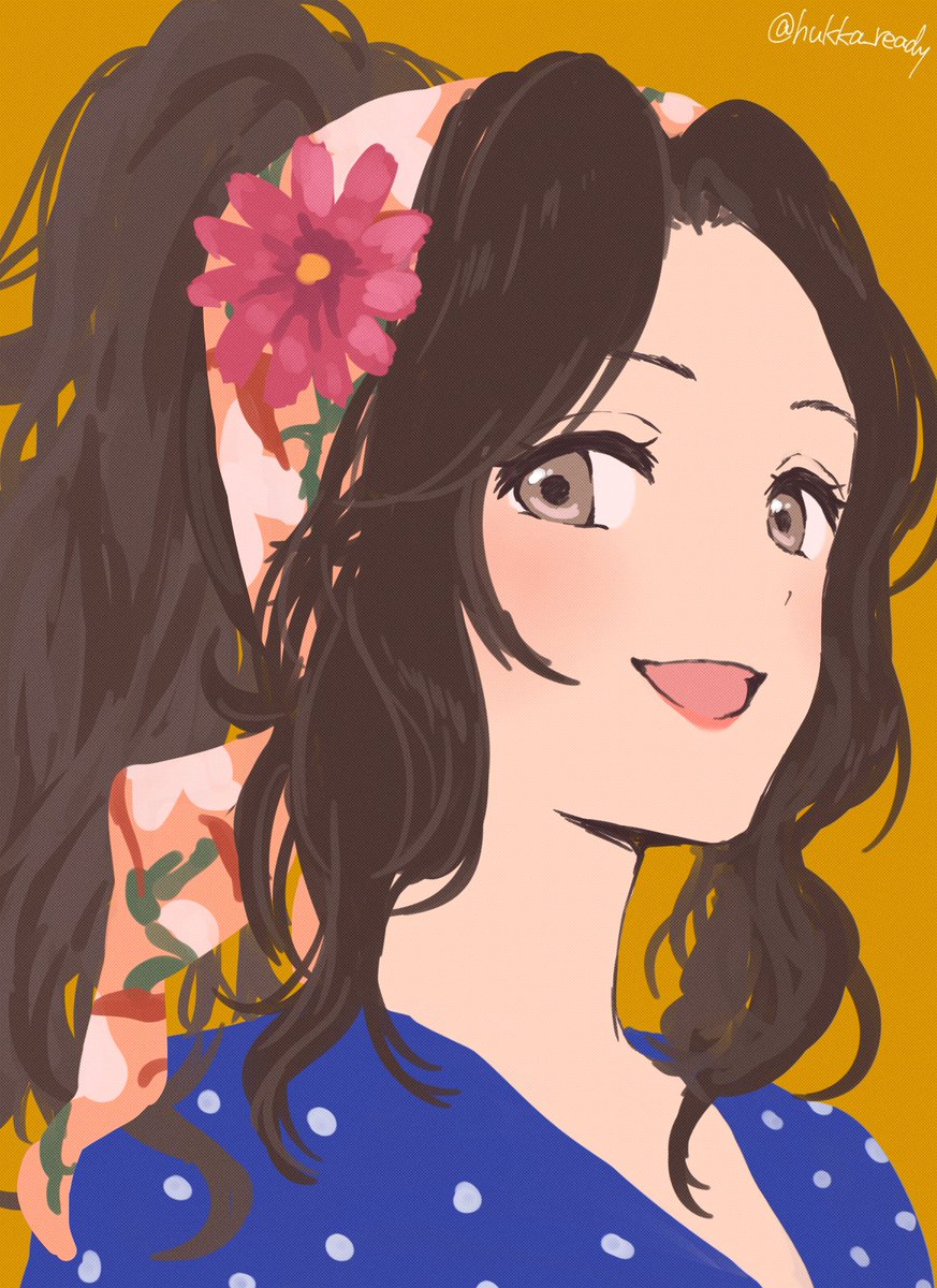 1girl solo flower hair flower smile open mouth ponytail  illustration images
