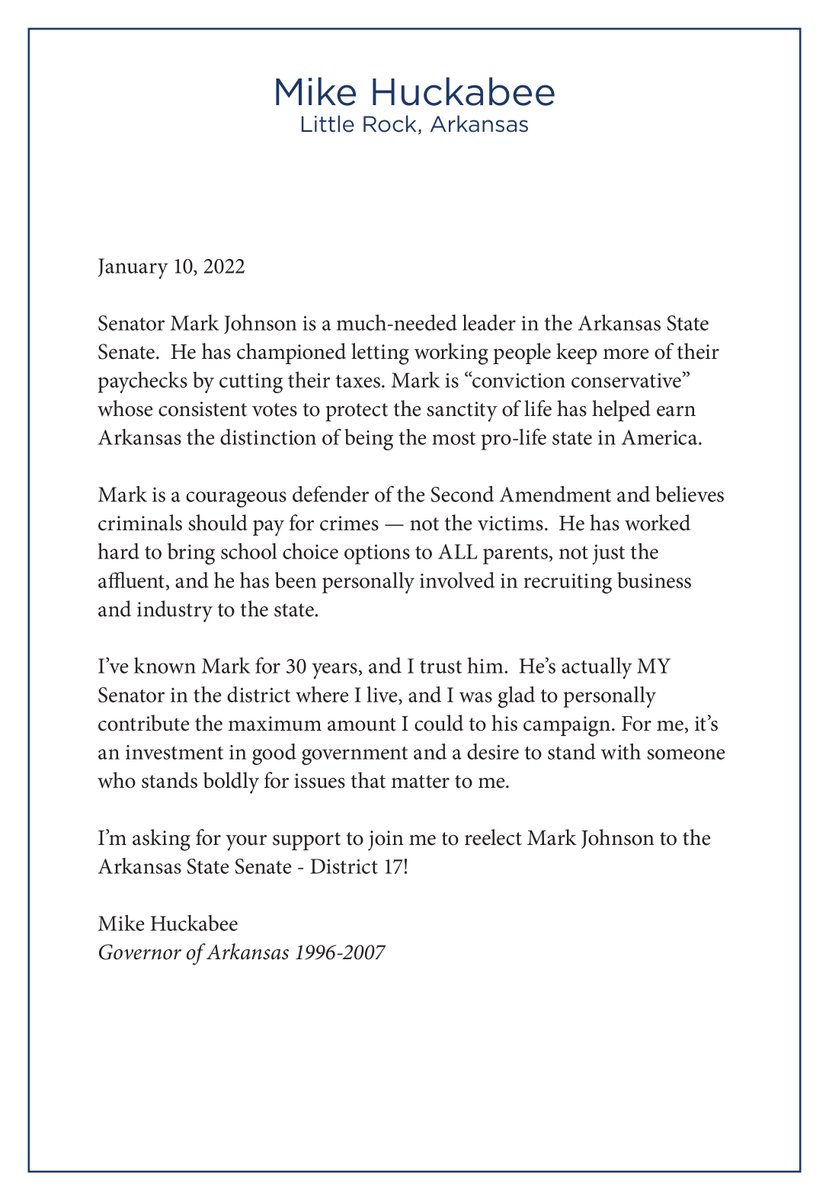MarkJohnsonAR17's tweet photo. Honored to receive the endorsement of @GovMikeHuckabee for my re-election campaign! #arpx #arleg #ARnews https://t.co/F4FVg536zf