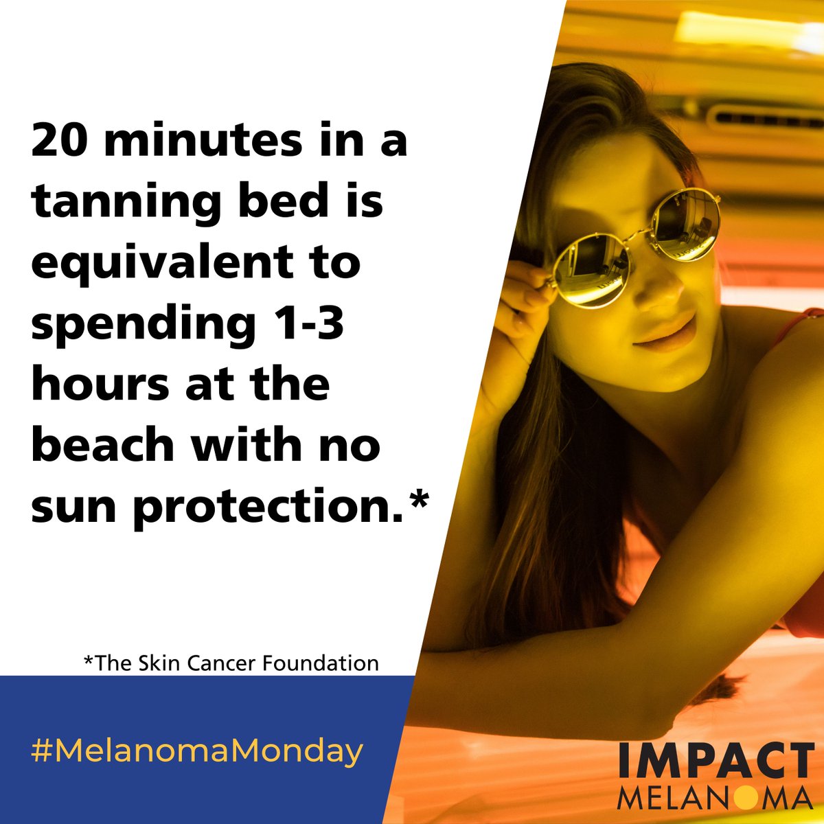 IMPACTMelanoma's tweet photo. #MelanomaMonday: Tanning booths are far riskier than sun exposure. ☀️ Reduce your risk of #melanoma by skipping the tanning bed and adding #sunscreen to your daily routine.

#skincancer #melanomaawareness #skincancerprevention #sunsafety #IMPACTMelanoma #practicesafeskin https://t.co/xV9B6b8vGG