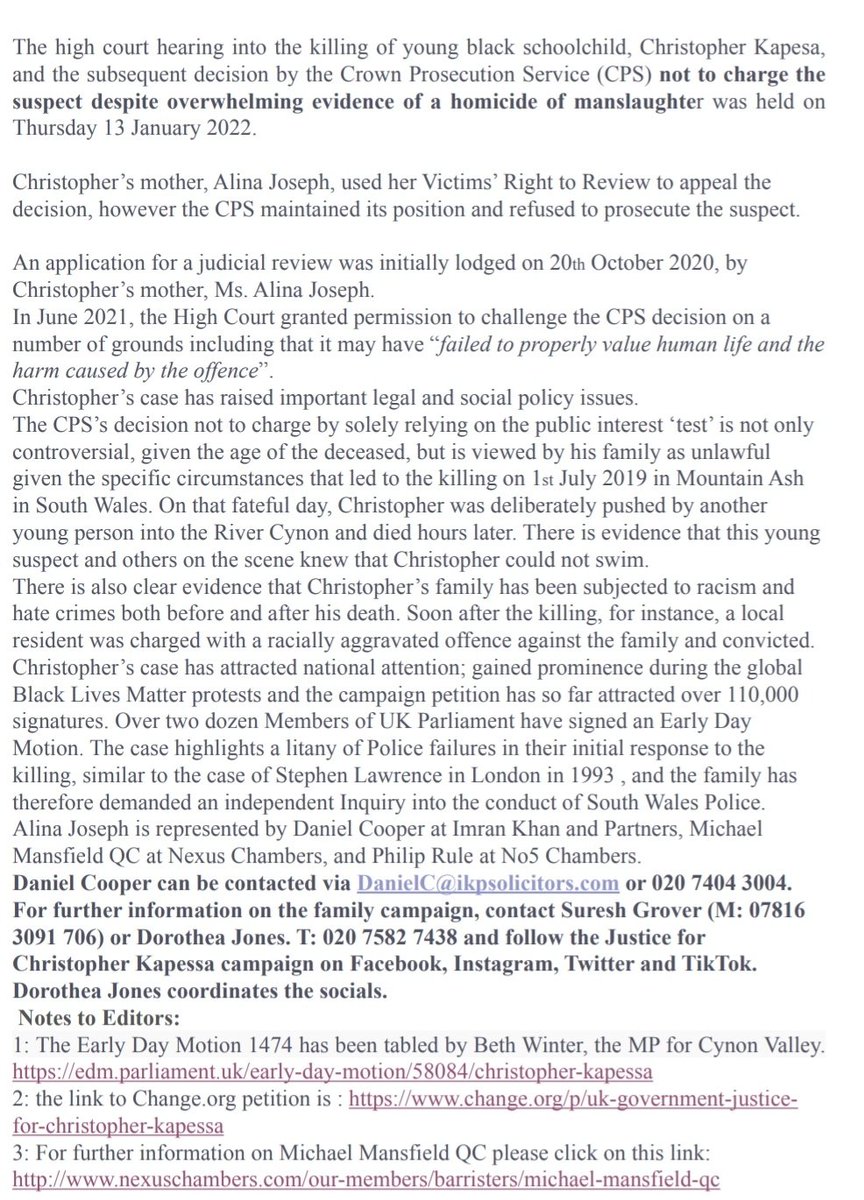 Justice4Kapessa's tweet photo. Once again, we are sorry to bear unfortunate news. Christopher's case has been dismissed by the royal courts of justice. See below the family's statement. We are are evaluating the situation and thinking of the right step forward. Thank you all for your support. #BlackLivesMatter https://t.co/ww27ENNSK5