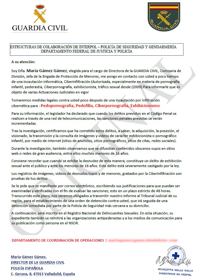 Guardia Civil (@guardiacivil) on Twitter photo ⚠#ALERTA❗Detectada una campaña de emails suplantando a la <a href="/guardiacivil/">Guardia Civil</a> con el objetivo de extorsionar para que contesten al correo recibido y continuar con el fraude. #NoPiques es #sextorsión. Si has recibido el email, no contestes y elimínalo. ➕👇
osi.es/es/actualidad/… ⚠#ALERTA❗Detectada una campaña de emails suplantando a la <a href="/guardiacivil/">Guardia Civil</a> con el objetivo de extorsionar para que contesten al correo recibido y continuar con el fraude. #NoPiques es #sextorsión. Si has recibido el email, no contestes y elimínalo. ➕👇
osi.es/es/actualidad/…