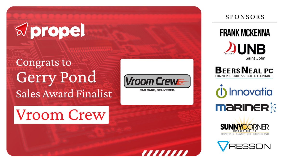 propelict's tweet photo. Introducing Gerry Pond Sales Award Finalist @VroomCrew an on-demand car care company. Traction in Vroom Crew's mobile and contactless service model led to an expansion to a second province, and has resulted in a revenue increase of over 500%. 🚀 https://t.co/jGKNX86RKe
