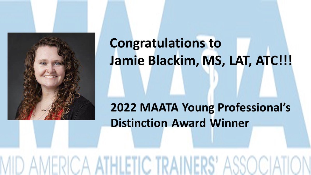 🏆Welcome to MAATA Awards week🏆

Our 1st recognition is Jamie Blackim @ATCjamieb winner of MAATA Young Professional Distinction Award given to a YP who has had a definitive impact on the AT profession! Congrats! 

@KansasATS @kansasatyp @lmhorg  @LawHS_Athletics @nata1950