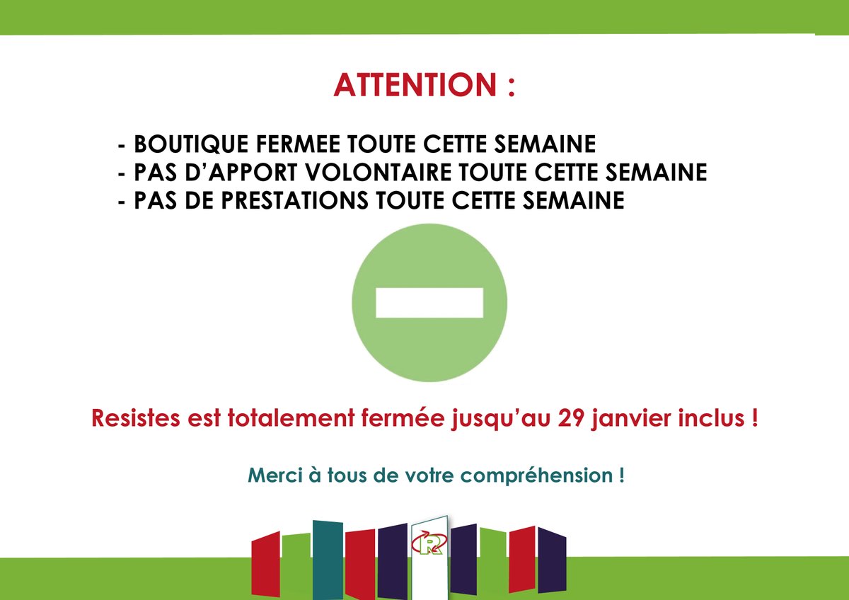 En raison d'un fort taux d'absentéisme de notre équipe dû à la covid-19, nous serons complétement fermé jusqu'au samedi 29 janvier inclus ! ⛔️
Merci de votre compréhension.
A très vite les Résistants ! 🌍

#COVID19 #abientot #fermetureexceptionnelle