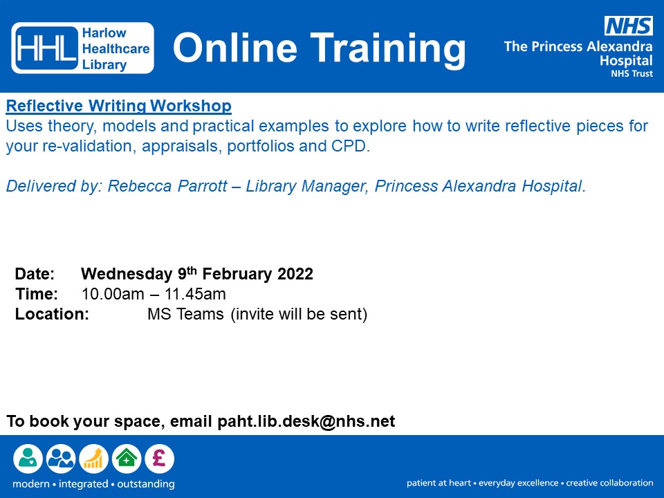 Calling all @NHSHarlow and @MSEHospitals staff and students!  
Our next collaborative @bhl_nhs @SMC_Library @broomfield_lib  library training sessions continue with: 
Reflective Writing - online workshop, on 9th February 2022.  Contact your NHS library to book a space: