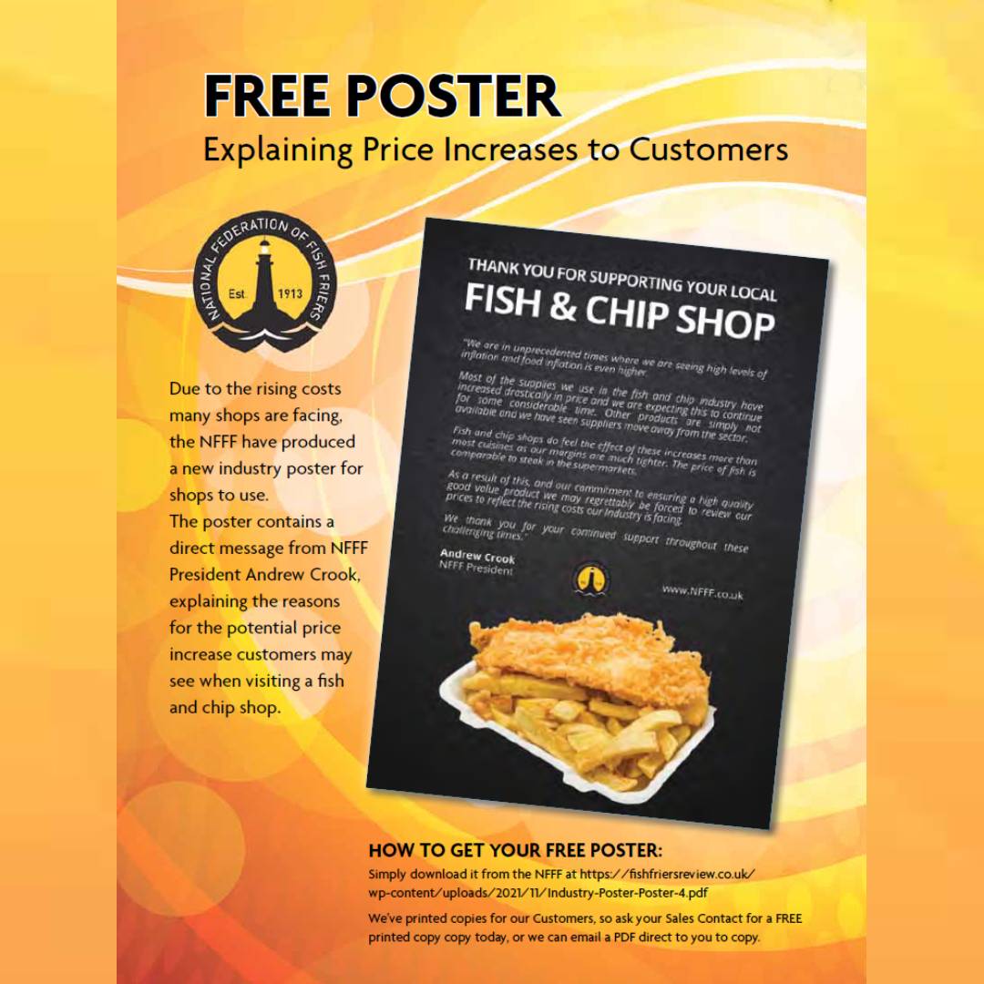 HenryColbeck's tweet photo. FREE POSTER: Containing a direct message from @NFFF_UK President Andrew Crook, explaining the reasons for the potential price increase customers may see when visiting a fish and chip shop. Get yours, find out how here https://t.co/Lv1817rovm. #henrycolbeck #nfff #whatshot https://t.co/B5n1NhU8It
