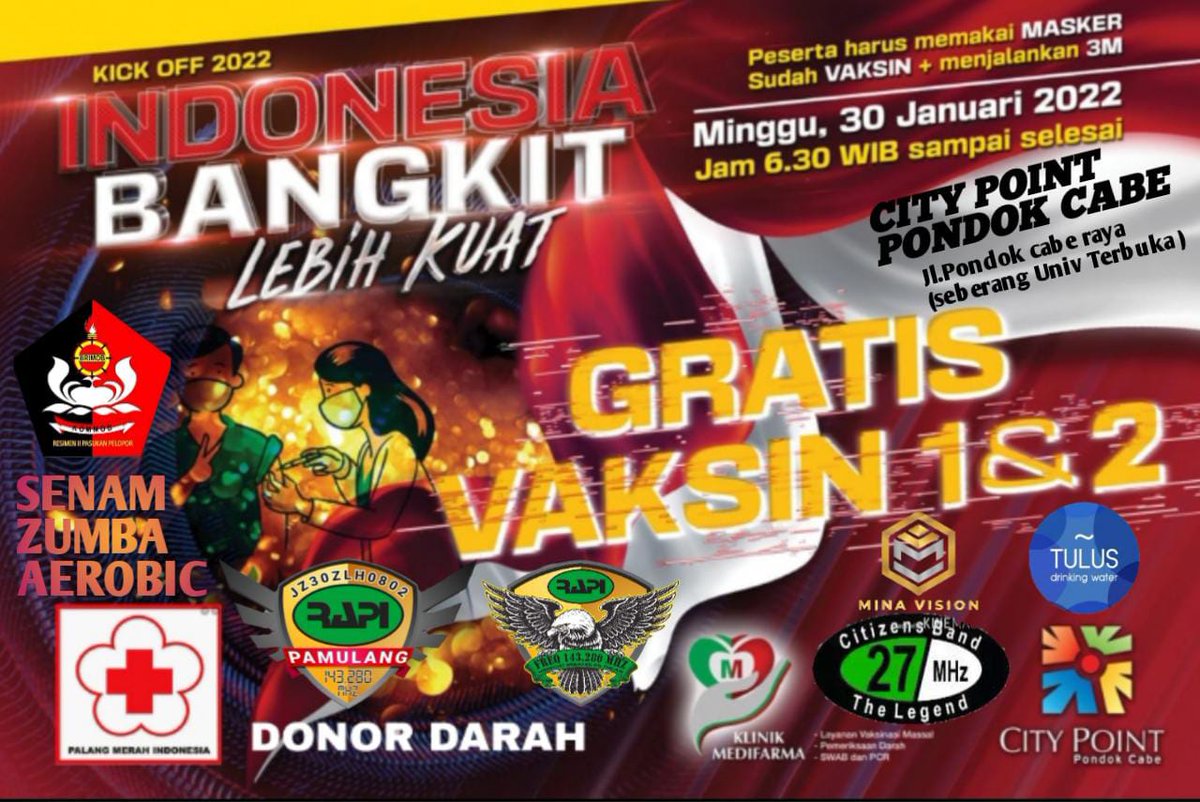 rapitangsel's tweet photo. save the date
30 Januari 2022

don't miss it

#tangsel  #pondokcabe #vaksin #dondar #senam #zumba #aerobic https://t.co/C4uiAYHvgo
