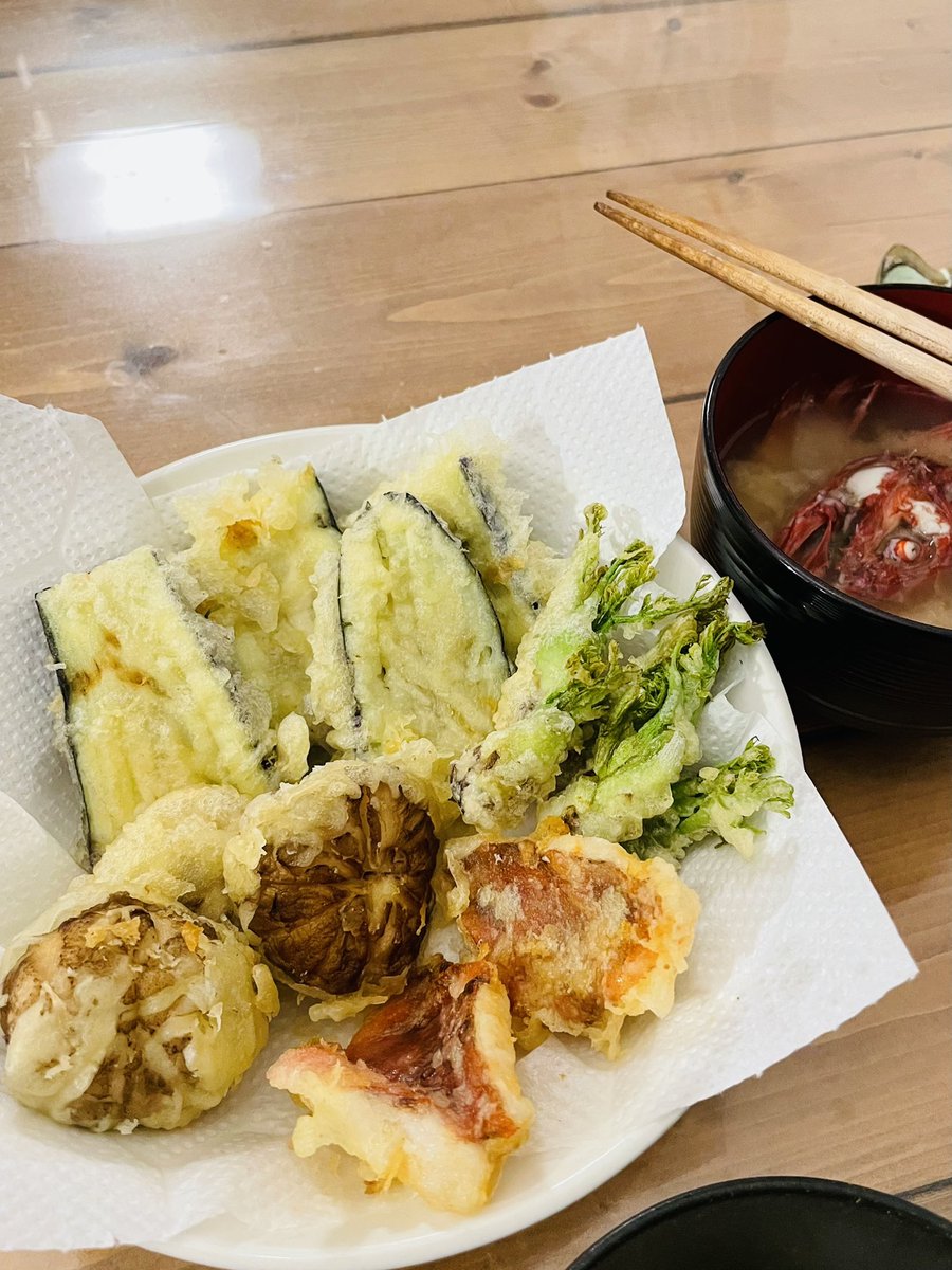 kusanoko_nft's tweet photo. 今日のご飯は天ぷらっ😆🍀
タラの芽美味しい☺️
けど一番美味しかったのはカサゴの味噌汁でした✨
麦味噌と合うー！🤤 https://t.co/xSAKSge9DY