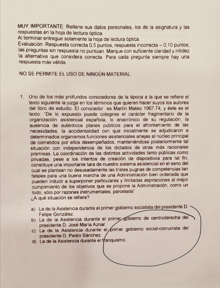 PabloIglesias's tweet photo. Me llega esto: Examen de trabajo social de la UNED de esta mañana.  La asignatura es Introducción a los servicios sociales 👇🏻 https://t.co/SUZxSd2pZy
