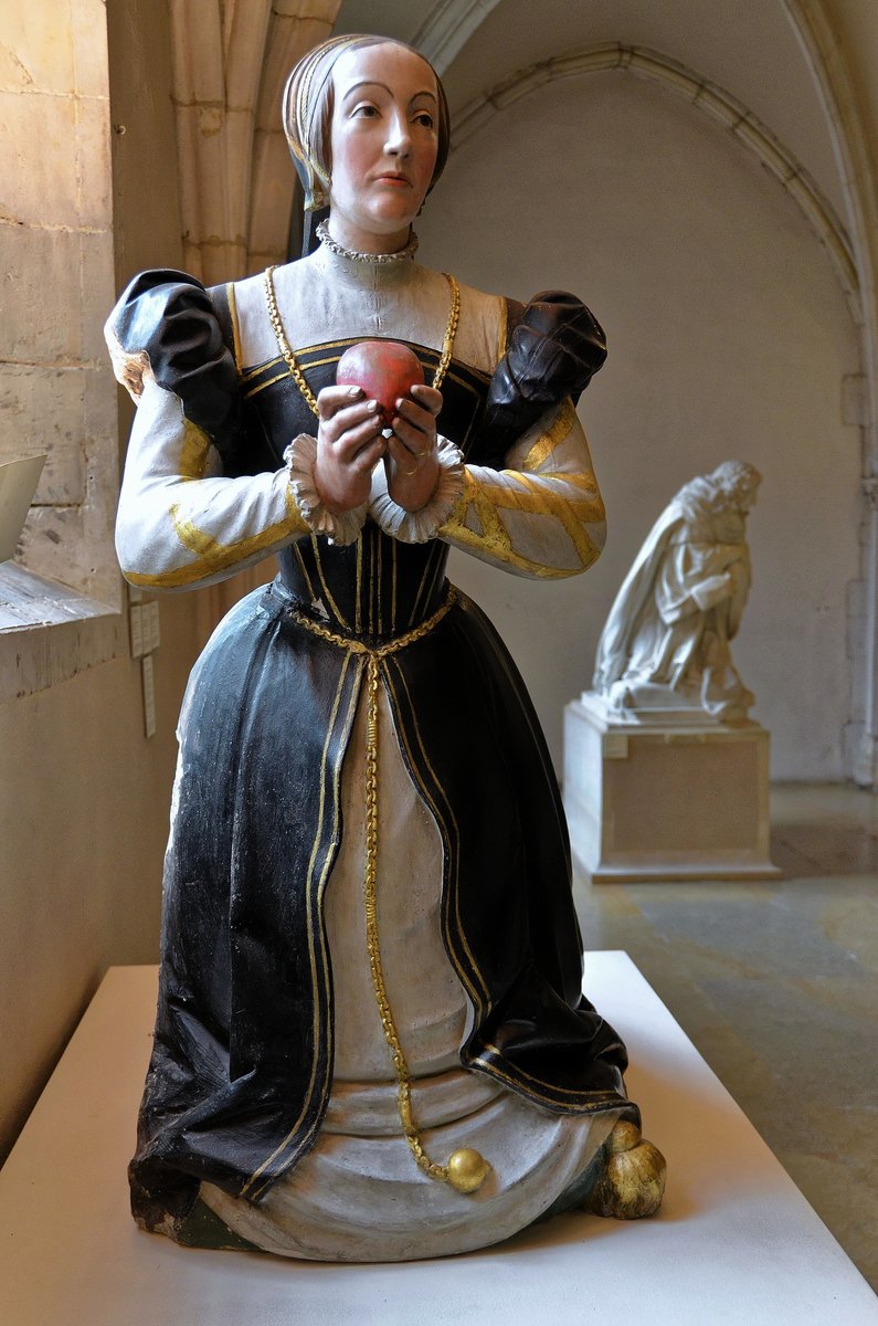 The Museum of Fine Arts in Dijon is home to this exquisite polychromed stone funerary sculpture of Antoinette de Fontette, Burgundy, mid-16th century. It was acquired by the museum in 1901 &amp; restored in 2002-2003. Antoinette’s motto was ‘mon coeur à Dieu’.
(CC license)