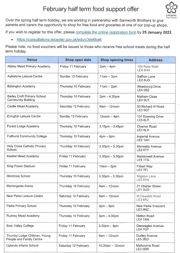 🌟Parents &amp; Carers in Leicester area are being offered the chance to get free food &amp; groceries over February half-term by <a href="/Leicester_News/">Leicester City Council</a> 

‼️ You must register online before Tuesday 25 January at consultations.leicester.gov.uk/edu/c3de6ba6/

🌟See the list below of pop-up shop locations: