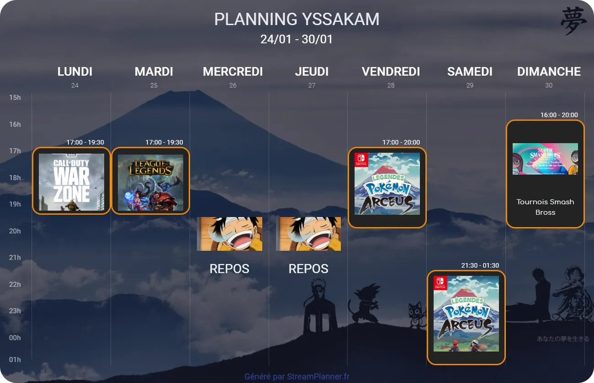 yssakam's tweet photo. Planning de la semaine ! Cette semaine : début de l'aventure #legendpokemonarceus et tournois #smashbros dimanche !

#twitch #twitchfr #twitchstreamer #stream #streaming #live #gaming #gamer #jeuxvideo #jeux #livestrea #rocketleague #callofduty #warzone #dofus #LoL #pokemon https://t.co/0qPpPDMLt6