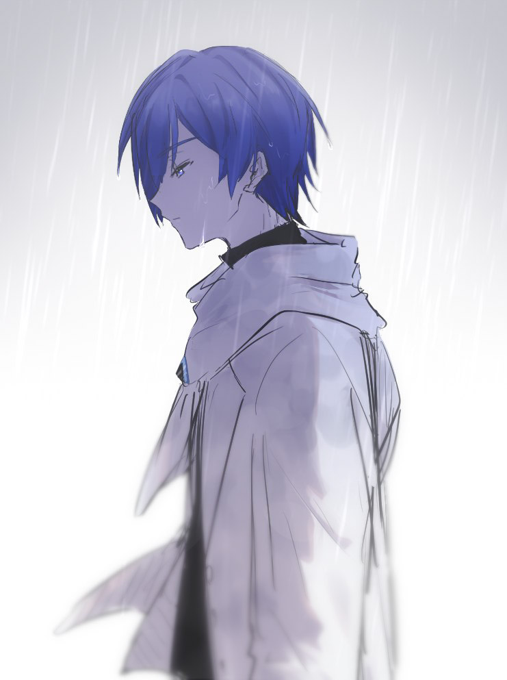 kaito (vocaloid) male focus 1boy solo blue hair rain from side upper body  illustration images