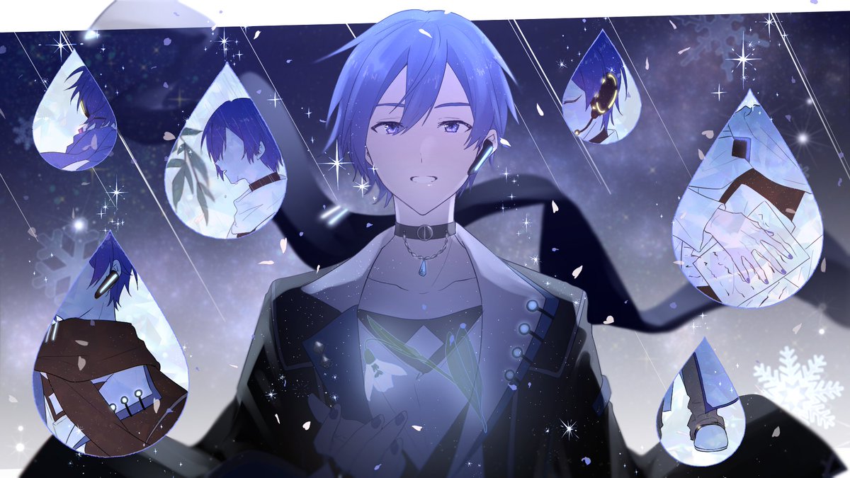 kaito (vocaloid) male focus 1boy solo blue hair rain from side upper body  illustration images