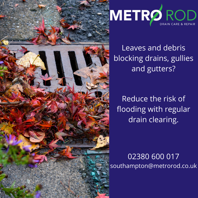 MetrorodSouth's tweet photo. Fallen leaves and debris can cause blocked drains, gullies and guttering.

Reduce the risk of flooding with regular drain clearing:
High-pressure water jetting
Vacuum tanker removal
Gutter vac clearance

If you require any of these services, get in contact today! 📲02380 600 017 https://t.co/5ouYZ2UdJr