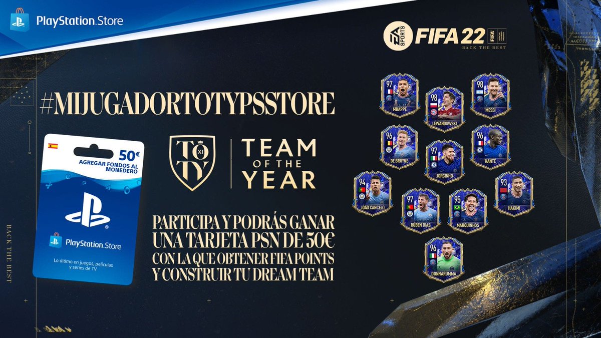 DUX Gaming (@teamduxgaming) on Twitter photo ¿Quieres ganar 50€ de PSN?
Para participar, comparte la plantilla de FUT y menciona el jugador TOTY que mejor encajaría en tu equipo, utilizando el #MiJugadorTOTYPSStore y menciona a <a href="/PlayStationES/">PlayStation España</a> y <a href="/TeamDUXGaming/">DUX Gaming</a> + RT.
Valido hasta el lunes 31/1 a las 12:00h. ¿Quieres ganar 50€ de PSN?
Para participar, comparte la plantilla de FUT y menciona el jugador TOTY que mejor encajaría en tu equipo, utilizando el #MiJugadorTOTYPSStore y menciona a <a href="/PlayStationES/">PlayStation España</a> y <a href="/TeamDUXGaming/">DUX Gaming</a> + RT.
Valido hasta el lunes 31/1 a las 12:00h.