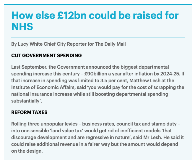 matthewlesh's tweet photo. Hiking national insurance in the context of a cost-of-living crisis is vulgar.

A smarter solution, as I tell the @DailyMailUK, would be to cut spending across government or replace business rates, council tax and stamp duty with a land value tax. https://t.co/iLchX9W30Y