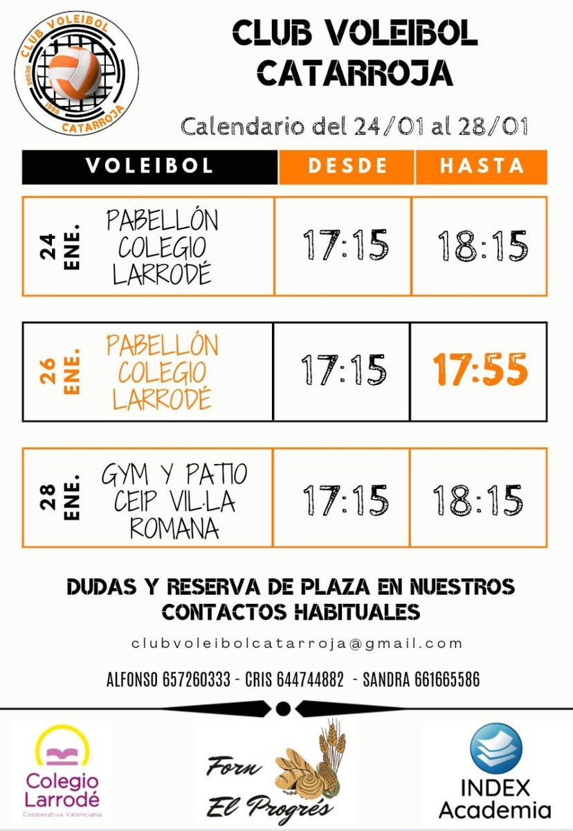 CV_Catarroja's tweet photo. Atenció!!! 
El #clubvoleibolcatarroja publica els horaris d'aquesta setmana de l'activitat #voleibol a #Catarroja. Estigueu atents!
Si vols vindre a provar, estarem al #ColegioLarrodé dilluns i dimecres i, al #CEIP_Vil·la_Romana, divendres. 
#Somvòlei #Sompoble #Albal #Massanassa https://t.co/IKRG0Rhkwm