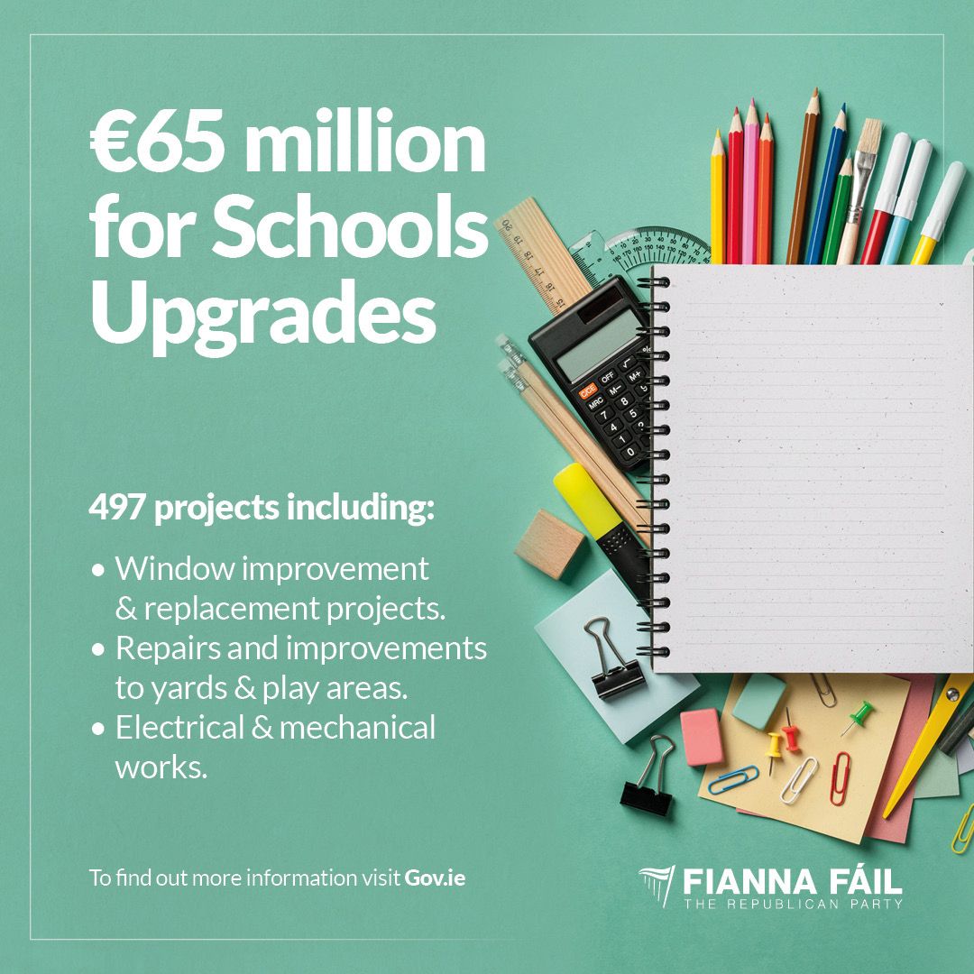 Summer Works Scheme is designed to allow schools to carry building works that will improve and upgrade existing school buildings.
Offaly projects are
Clonbullogue N.S.
S N Mhuire.
St. Patrick's N.S.
Castlejordan N.S.
St. Mary's Secondary.
Killina Presentation
St. Brendan's