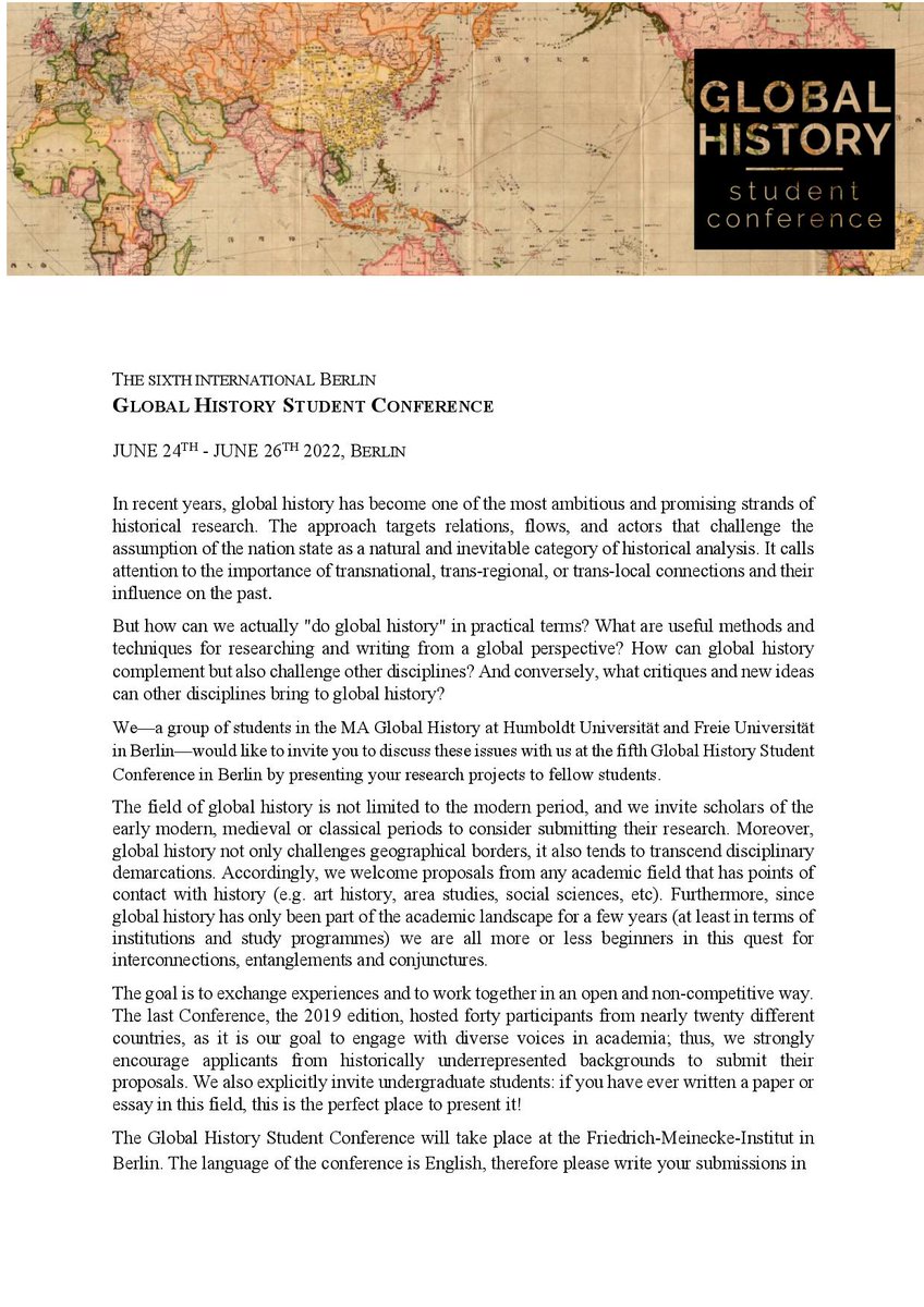 globalhistories's tweet photo. 🔔🌍 BIG announcement! After two years, we are excited to announce the Global History Student Conference is BACK! Calling all students of #globalhist who are interested in presenting their ideas (in Berlin!) Please see the attached call for more details! #twitterstorians https://t.co/xNTtAfA1cq