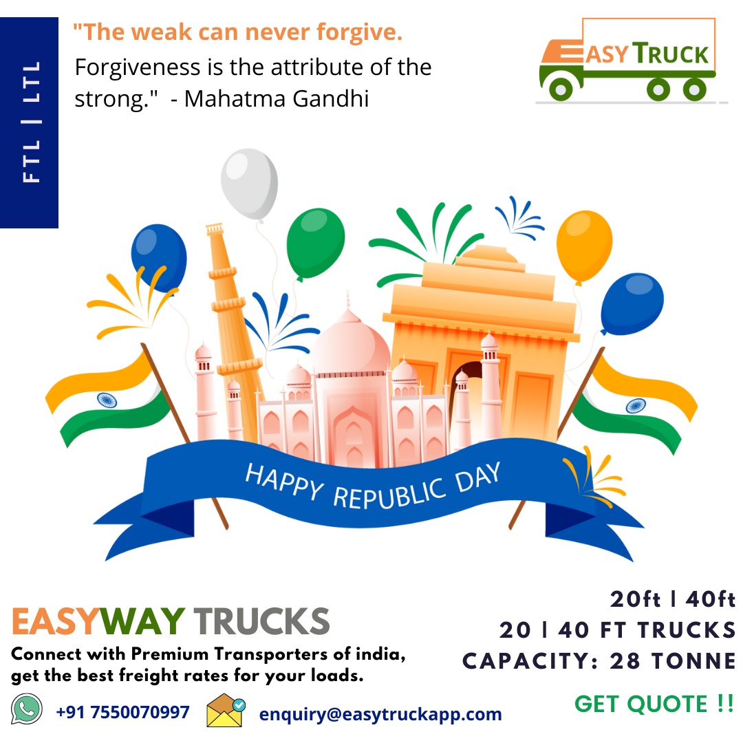 EasyTruckap's tweet photo. Let us take an oath to our mother India that we will do everything that we can for our country's prosperity. Happy Republic Day!
.
Visit: https://t.co/ngdZc6FE4f
.
#easyway #Trending  #fatherofnation #RepublicDay2022  #transporter #transportation #transportationindustry https://t.co/ufuhSiLWBE